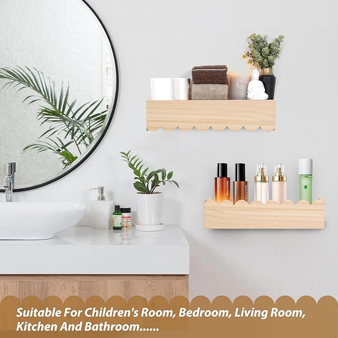 Wood Floating Shelves for Wall,Nursery Bookshelf,Kids Book Shelf,Baby Toys Storage Decor Organizer Wall Mounted for Living Room Bedroom,Wavy Edge,Preassembled,2 Pack,Scalloped Pine(Natural Wood)