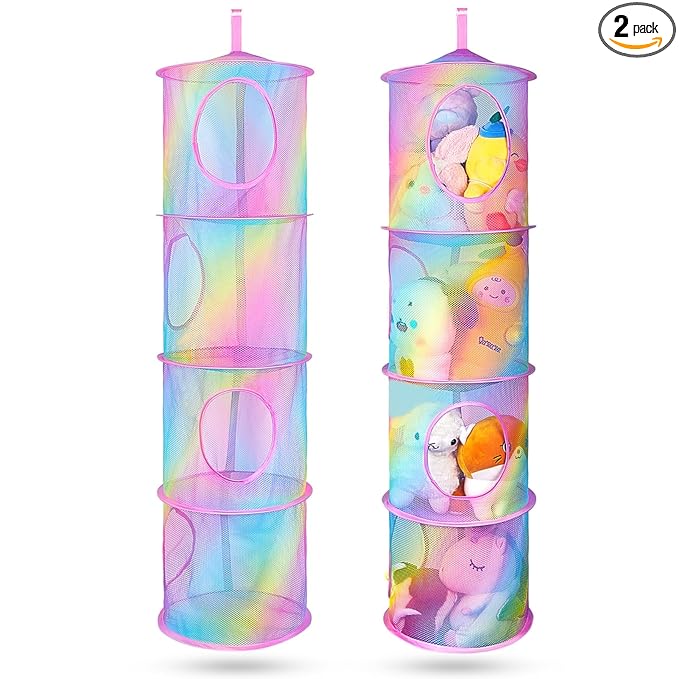 Basumee Stuffed Animals Net or Hammock 2 Pcs Stuffed Animals Storage Toy Net Hammock for Plushies Storage Organizer Mesh Kids Girls Room Decor, Rainbow, 4 Tiers