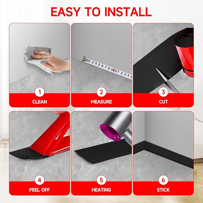 Flexible Baseboard Molding Trim 3 Inch(W) x 20 Feet(L) Self Adhesive Vinyl Wall Base Peel and Stick Cove Base,Rubber Wall Base. (Black)