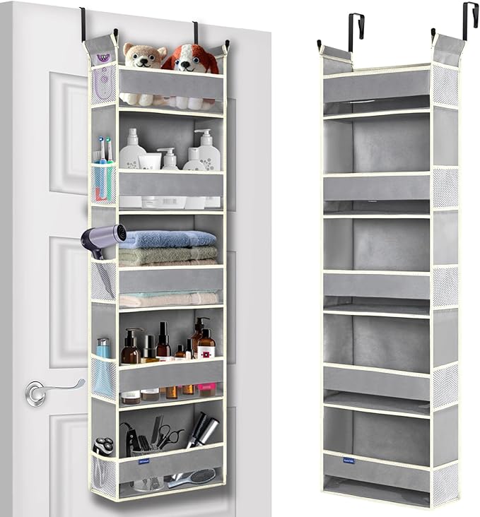 roomtalk Over The Door Organizer 5-Shelves and 10 Side Pockets, Over The Door Storage for Bathroom Bedroom Nursery, Hanging Door Organizer for Baby Diapers and Kids Toys (13"x5"x44", Grey)