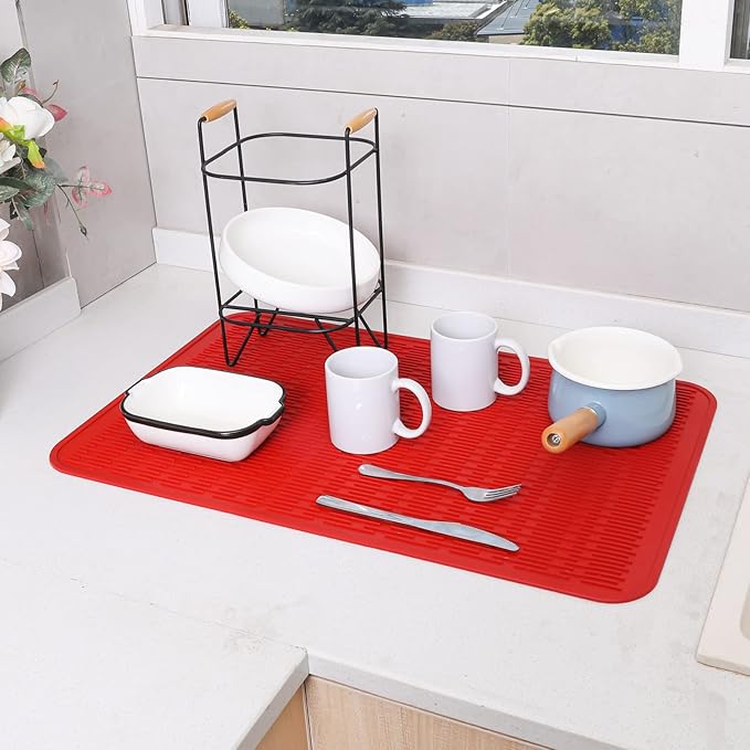 MicoYang Silicone Dish Drying Mat for Multiple Usage,Easy clean,Eco-friendly,Heat-resistant Silicone Mat for Kitchen Counter or Sink,Refrigerator or Drawer Liner Red 3XL 28 inches x 18 inches