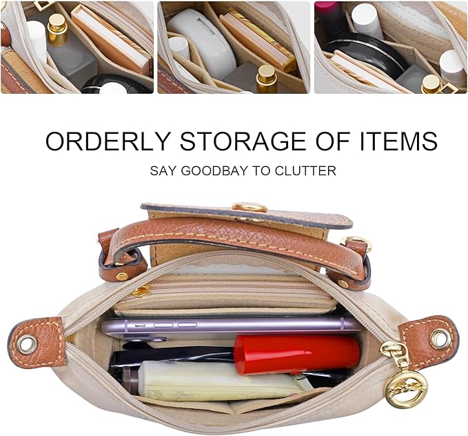 LOUKAYCCI Felt Purse Organizer Insert for Longchamp Mini bag Wihte Zipper Insert (Zipper Beige, Mini)