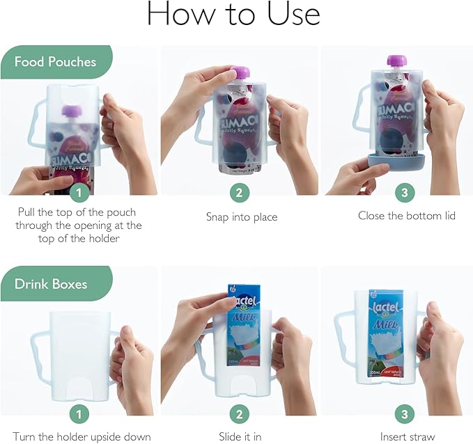 Momcozy Baby Pouch Holder No Squeeze, Baby Food & Juice Box Holder, Mess-Free, Easy Grip for Self-Feeding, BPA-Free & DEHP-Free, Must-Have for Babies, Blue