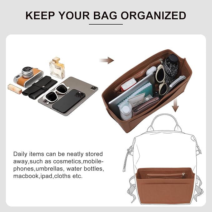Premium Felt Purse Organizer Insert Compatible with Long Champ Le Pliage L Backpack, Lightwieight Bag Divider Shaper with 8 Pockets & YKK Zipper, Brown/LB