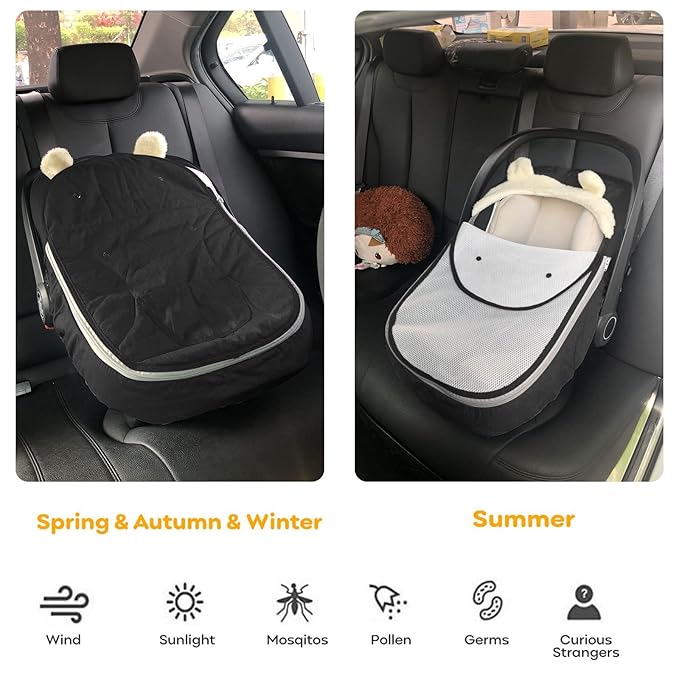 Carseat Cover,Baby Car Seat Cover,Infant Carseat Cover Canopy Universal Fitted Winter Autumn Spring Car Seat Cover for Babies Boy Girl Newborn,with Mesh Cover,Warm Breathable-Black