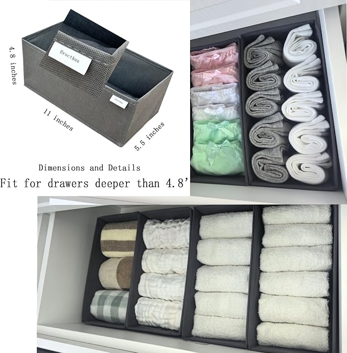 Drawer Organizer Set of 4 Khaki - Fabric Storage Bins for Clothes, Underwear, Socks & Bras - 11" Dresser Dividers for Bedroom Closet