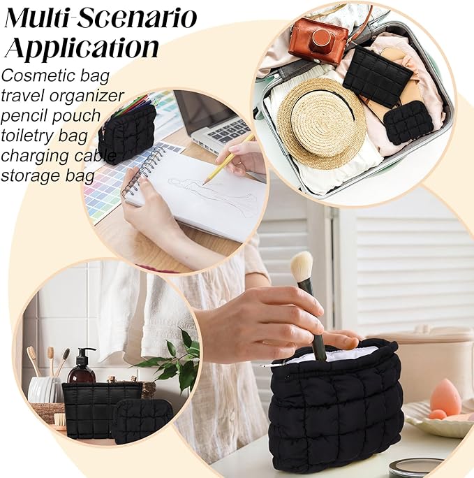 2 Pcs Puffy Makeup Bag Quilted Cosmetic Pouch for Women Cute Checkered Travel Toiletry Bag Puffer Makeup Organizer Purse Pouch Preppy Pencil Case with Zipper(Black)