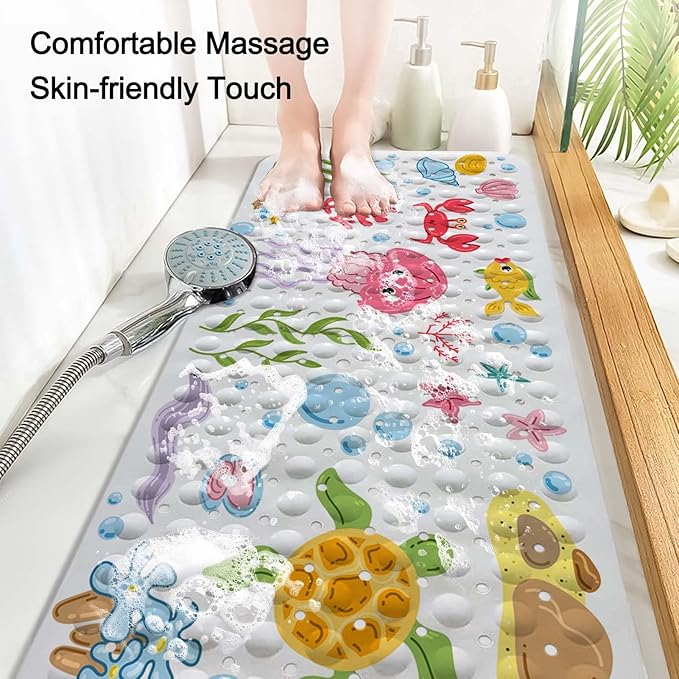 KINUUIS Bathtub Mats for Kids, Cartoon Bath Mats for Bathroom Non Slip, Large Washable Shower mats for Showers with Drain Holes and Suction Cups (Jellyfish, 40 X 16 Inch)