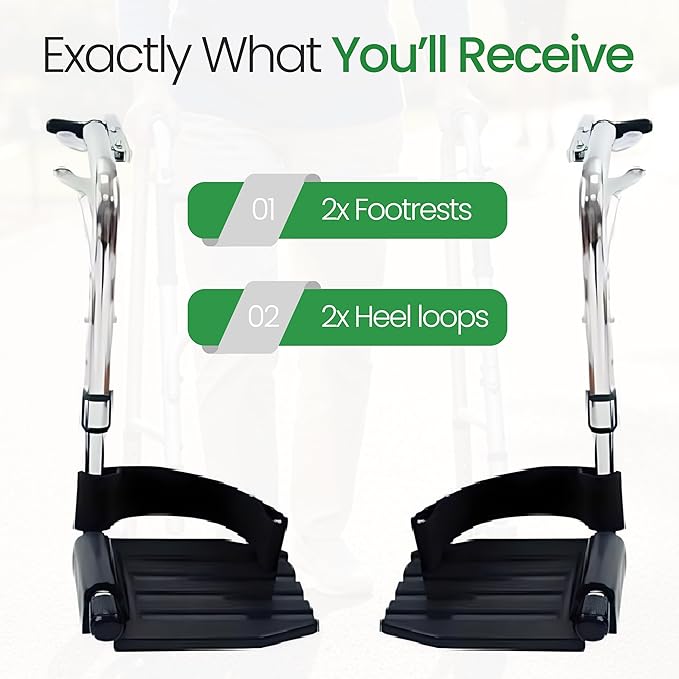 Healthline Wheelchair Swingaway Legrest Footplates with Heel Loops – Pair (Chrome) – Fits Select Standard Wheelchairs – Adjustable Length 16.5"–20.5" – Check Compatibility Before Ordering