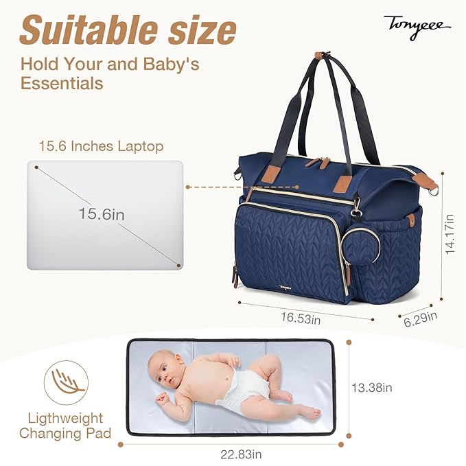 Tonyeee Diaper Bag Tote, Large Baby Diaper Bags Waterproof, Hospital Bag for Labor Delivery with Pacifier Case, Changing Pad, Shoulder Strap, Dark Blue