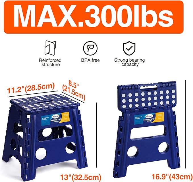 Korpai 13" Folding Step Stool for Adults and Kids Holds Up to 300 lbs,Non-Slip Folding Stools with Portable Handle, Compact Plastic Foldable Step Stool for Bathroom,Bedroom, Kitchen,Royal Blue,1PC