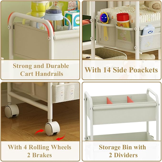 3-Tier Baby Diaper Caddy Cart Organizer,Mobile Nursery Storage Carts with Wheels,With 2 Dividers&14 Mesh Pockets Durable Metal Utility Cart for Nursery, Bedroom, Bathroom, Baby Essentials Organization