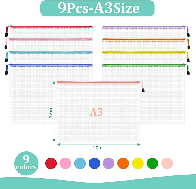 VVCOIIROEI 9pcs Mesh Zipper Pouch Bags, A3 Sizes, 9 Colors, Board Game Storage, Travel, School, Office Organize