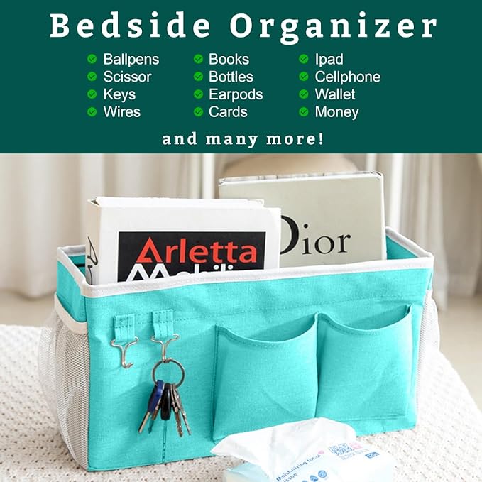 Bedside Caddy Organizer Hanging Storage Bag with Pockets for Books, Magazines, Phone, Tablet & Water Bottle – Bedside Storage for Dorm, Bunk Beds, Hospital Beds & Cribs, Green