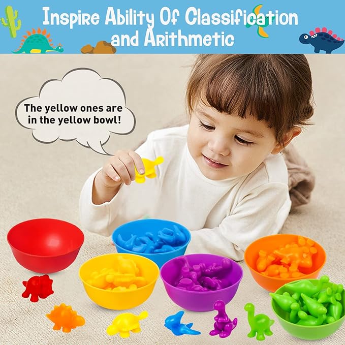 NAODONGLI Counting Dinosaurs Color Sorting Toys with Rainbow Bowls,Sensory Training & Counting Activity Montessori Education Learning Activities Easter Basket Stuffers Gifts for Boys Girls
