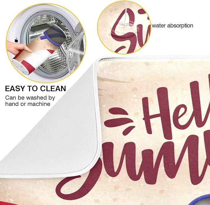 Hello Summer Dish Drying Mat for Kitchen Counter 16x18 in, Flip Flop Tableware Bottle Dryer Rack Mats for Kitchen Sink