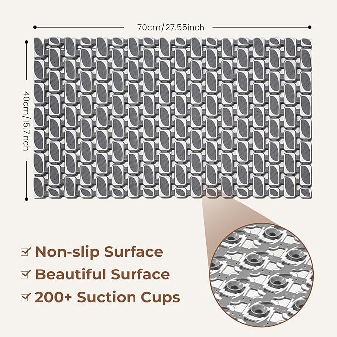 PuoWeo Bathtub Mats Non Slip for Bathroom with Suction Cups and Drain Holes 27.6 * 15.7 Inch Shower Mat for Inside Shower, Quick Dry Bath Mat for Baby Kids Seniors, Easy to Cut Easy Dry