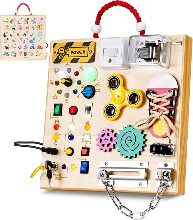 GNAYUIJ Montessori Wooden Busy Board Toys for 1 2 3 Boys Girls,Toddler Sensory Educational Fidget Board Travel Toy with LED Light Up Switches & Music Boxes, Locks for Kids Gifts