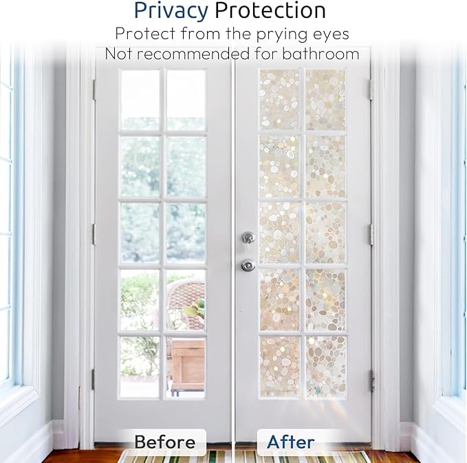 rabbitgoo Window Privacy Film, Decorative Rainbow Window Clings for Glass Covering, Static Cling Non Adhesive Door Stickers UV Blocking, Stained Glass Vinyl Decal, 3D Pebble, 23.6 x 118.1 inches
