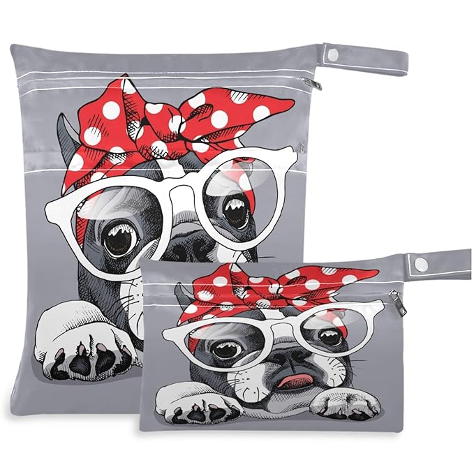 visesunny Cute Bulldog Bowknot 2Pcs Wet Bag with 2 Zippered Pockets Snap Handle Washable Reusable Roomy for Travel,Beach,Pool,Daycare,Stroller,Diapers,Dirty Gym Clothes, Wet Swimsuits, Toiletries
