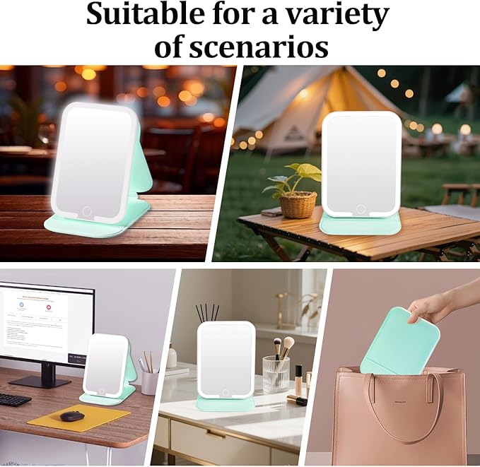 Rechargeable Travel Mirror with Light, LED Makeup Mirror with Lights, Portable Vanity Mirror with 3 Color Lighting, Touch Dimmable Lighted Cosmetic Mirror, Travel Essentials (Light Green)