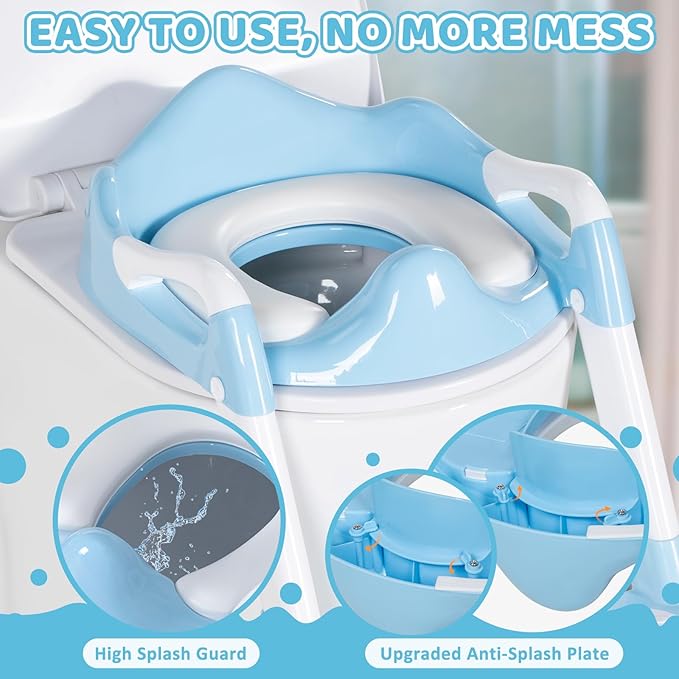 Potty Training Seat with Step Stool, Toddler Toilet Seat w/Ladder, Potty Training Chart, Splash Guard & Upgraded Non-Slip Pads, Kids Foldable Training Toilet Potty Chair for Boys Girls (Blue)
