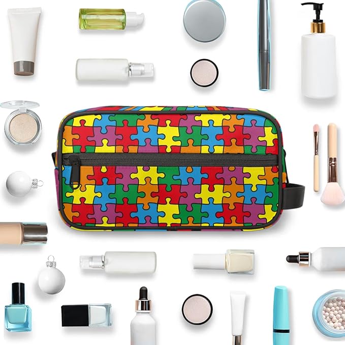 Travel Toiletry Bag for Kids Colorful Puzzle Waterproof Hanging Cosmetic Pouch Dopp Kit Medicine Organizer Bag for Girls & Boys
