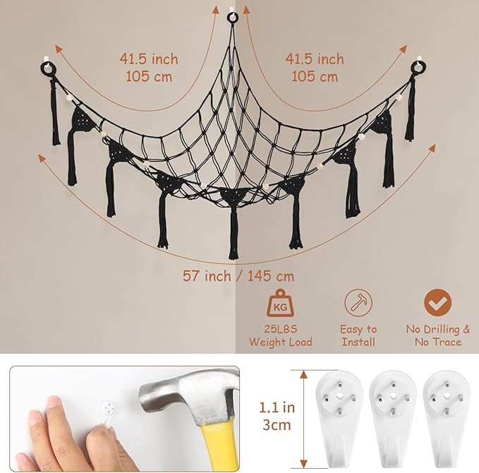 Stuffed Animal Storage Hammock Corner, 57 Inch Large No Drilling Handcrafted Stuffed Animal Net, Natural 100% Cotton Boho Macrame Toy Hammock Stuffed Animal Organizer for Kid Room Nursery Decor(Black)