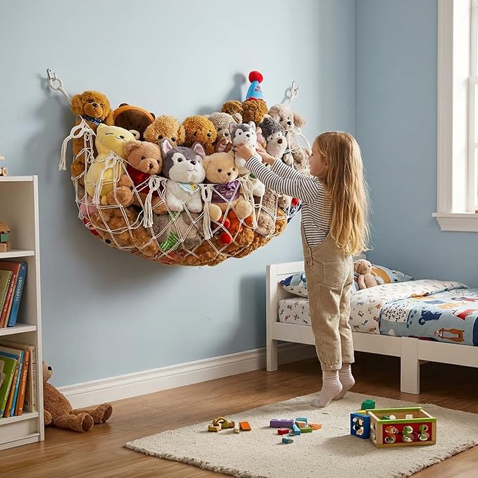 Stuffed Animal Net or Hammock for Flat Wall Mounted Handmade Macrame Toy Display Hanging Plush Toy Net for Stuff Animal Storage(Cream large)