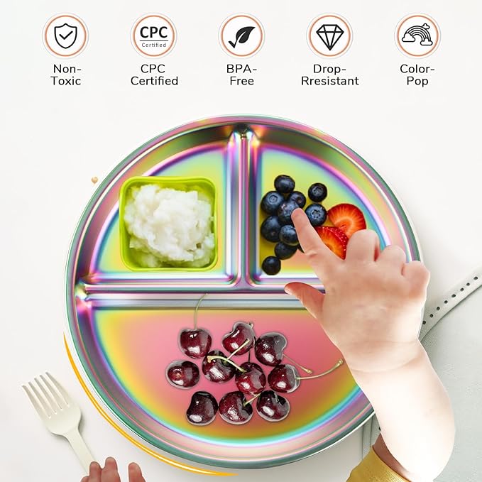Bakpoco 9" Stainless Steel Toddler Plates Set of 6, Divided Plate for Kids & Baby, Non Toxic Unbreakable Dishes Dinnerware Adults Portion Control Snack Container, Colorful Meal Time Chums