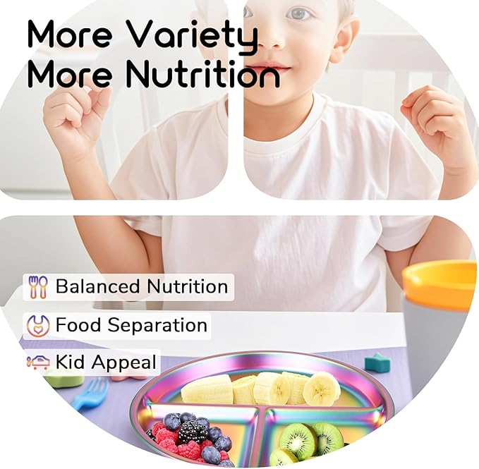 Bakpoco 9" Stainless Steel Toddler Plates Set of 4, Divided Plate for Kids & Baby, Non Toxic Unbreakable Dishes Dinnerware Adults Portion Control Snack Container, Colorful Meal Time Chums