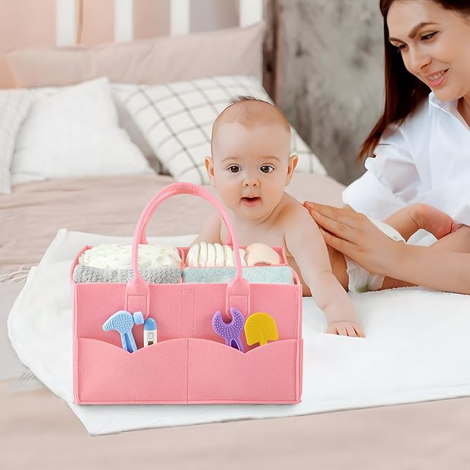 PandaEar Baby Diaper Caddy Organizer, Portable Diaper Holder Organizer Nursery Storage Basket for Wipes & baby stuff, Collapsible Baby Organizer with Divided Design (Light Pink)