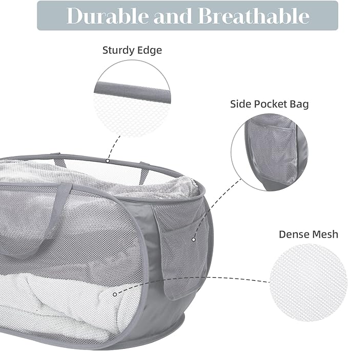 4 Pack Durable Collapsible Laundry Baskets, Mesh Foldable Laundry Basket, Pop Up Laundry Hamper with Pocket, Clothes Hamper with Reinforced Handles for Laundry, Bathroom, Kids Room, Dorm or Travel