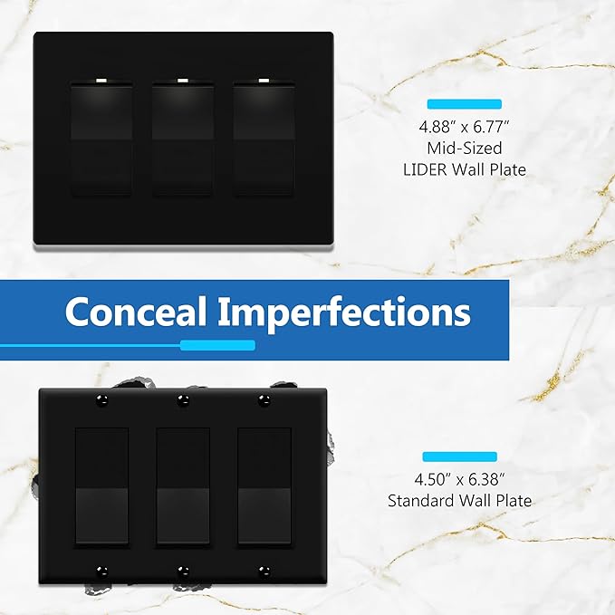 LIDER Matte Finish Decorator Switch Cover, Screwless Wall Plate, Mid-Size 3-Gang 4.88" x 6.77", Unbreakable Polycarbonate Thermoplastic, UL Listed, LSWP-33M-BK2P, Black, 2 Pack