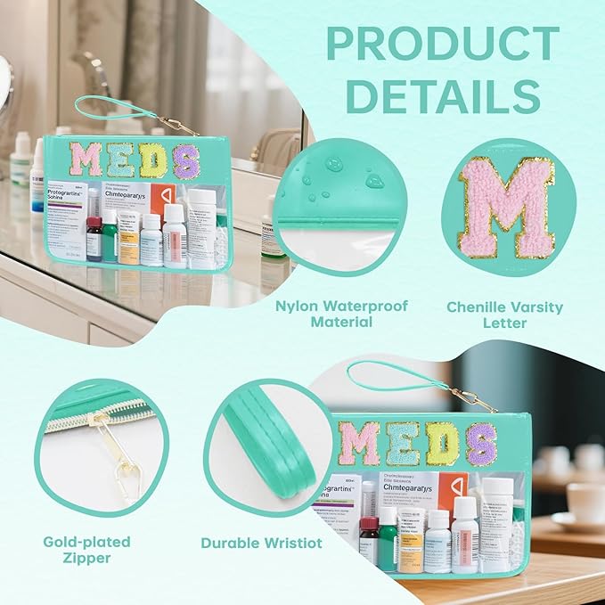 Chenille Letter Clear Zipper Pouch for Travel Preppy Patch Makeup Bag-Nylon Cosmetic Preppy Makeup Waterproof Organizer Bag Set for Women Valentines Bag (Green-Meds)