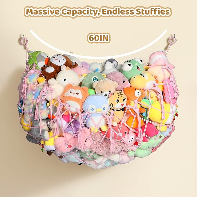 YECAYE Stuffed Animal Net, Room Decor Stuffed Animal Hammock, Upgraded 60 Inch for All Plush Dolls Organizer, Plushies Storage with Fully Handwoven Tassel, Fairy Pink (1 pack) Mesh Bags