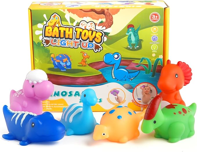 VIBOYLAR Bath Toys for Toddlers 1-3: 6 Packs Light-Up Floating Dinosaur Baby Toddler Bath Toys Set for Boys Kids Birthday Easter Christmas - Water Bathtub Shower Pool Bath Toy for Children Preschool