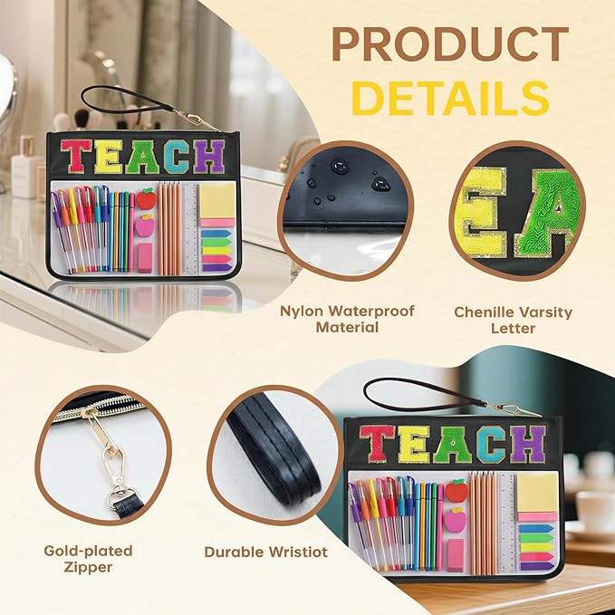 Chenille Letter Clear Zipper Pouch for Travel Preppy Patch Makeup Bag-Nylon Cosmetic Preppy Makeup Waterproof Organizer Bag Set for Women Valentines Bag (Black-Teach)