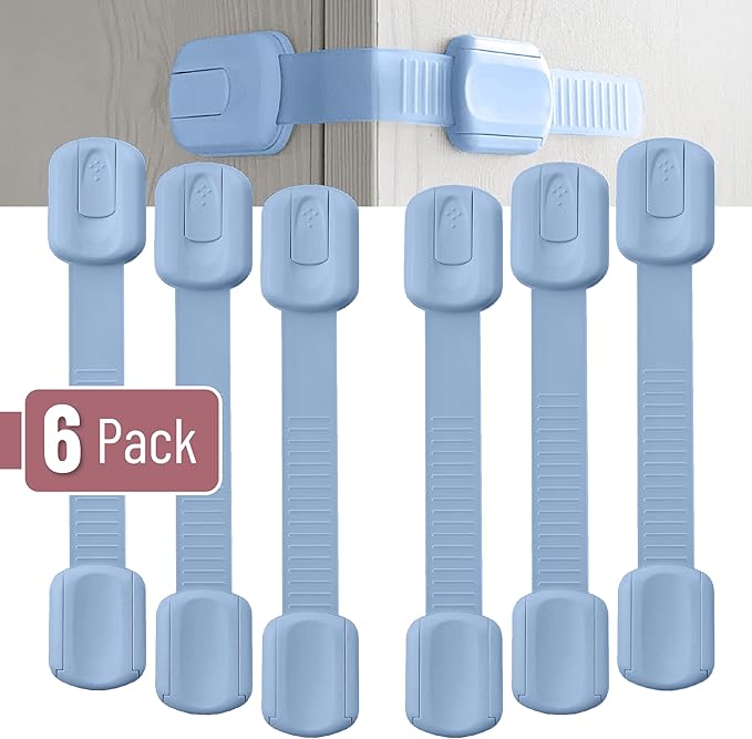 Bate- Child Safety Strap Locks, 6 Pack, Dusty Blue, Baby Locks for Cabinets, Drawers, Kitchen, Toilet, Furniture, Fridge, Multi-Purpose, Easy Install with Quick 3M Adhesive for Childproofing