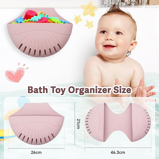 Silicone Bath Toy Organizer for Tub, Flexible 2-Compartment Bathtub Storage Basket for Kids & Adults, Drainable Toy Holder and Foldable Shower Caddy for Bathroom Essentials（Pink）