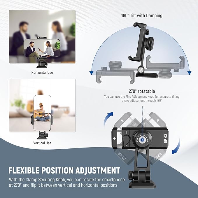 NEEWER Metal Phone Tripod Mount Adapter with Arca QR Base, Cold Shoe, 360° Swivel 180° Tilt, Phone Holder Compatible with iPhone 15 Pro Max Galaxy S24