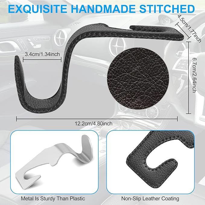 Seat Hooks for Purses and Bags, 4 Pack Car Purse Holder for Grocery Bag Handbag Clothes, Metal Headrest Hooks Covered by Leather, Black