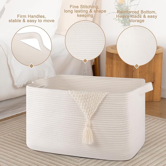 SIXDOVE 95L Large Storage Basket, Cotton Rope Woven Blanket Basket, Toy Storage for Baby Room, Living Room, 24" x 16.9" x 14.2", White