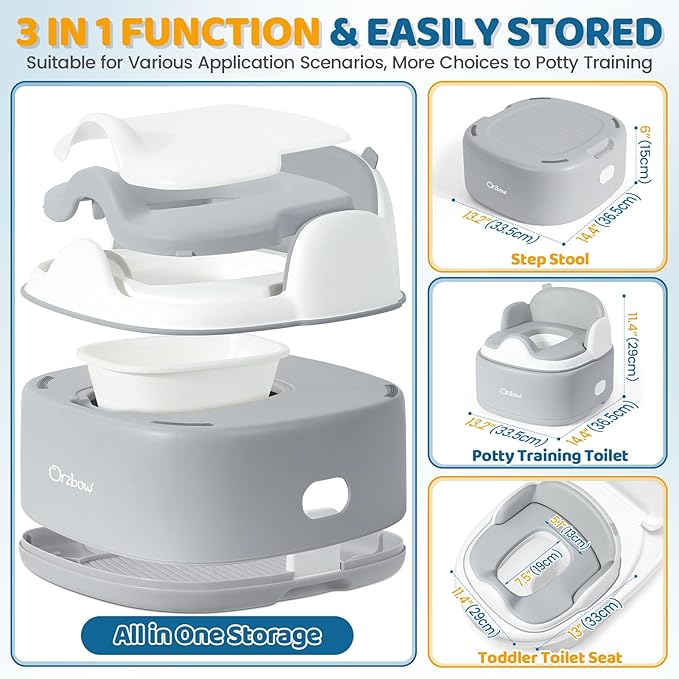 Orzbow 3-in-1 Toddler Potty Training Toilet | Baby Potty Chair, Toilet Topper Training Seat and Step Stool for Boys and Girls, Easy-to-Clean with Splash Guard and Lid, Grey