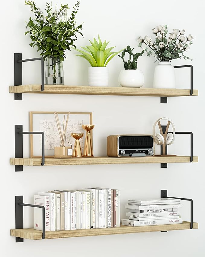 Floating Shelves, 24 Inches, Easy to Install, Wall Mounted, Set of 3, Rustic Wood for Décor, Storage for Living Room, Bathroom, Bedroom