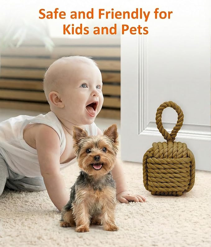 2Pack Decorative Door Stoppers - Cute Rope Knot Design, Heavy Duty Weighted Doorstop with Inside Mount for Home & School, Khaki