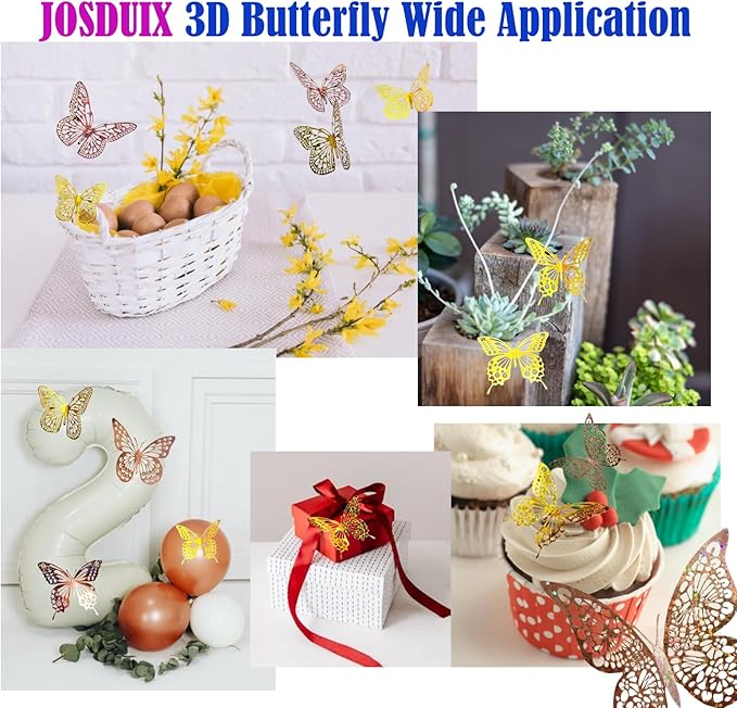 JOSDIOX 3D Reflective Dot - Patterned Gold & Gold Rose Butterfly Wall Stickers - 24 Pcs with 4 Styles & 3 Sizes, Removable Decor for Party Birthday Wedding Cake Balloon Decoration (Golden/Rose)