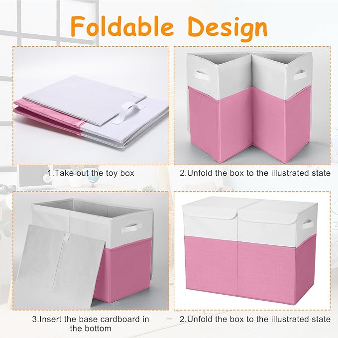 Fiwochic 3 Pack 23" Large Toy Storage Box with 11" Cubes Bins, Collapsible Toy Organizer Chest with Lids for Kids Nursery Playroom Bedroom Living Room Christmas Ornament Storage Box(Pink White)