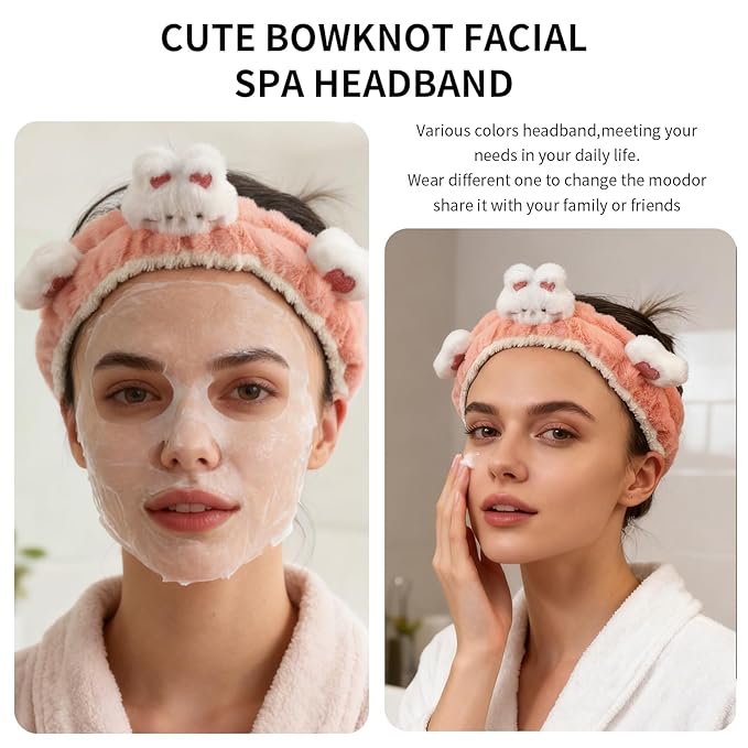 PERFECTSIGHT Kawaii Headband for Spa, Makeup, Washing Face, Party - 2 Pack Cute Hair and Wrist Band for Shower Beauty Skincare, Soft Facial Headbands for Girls and Women, Coral Rabbit