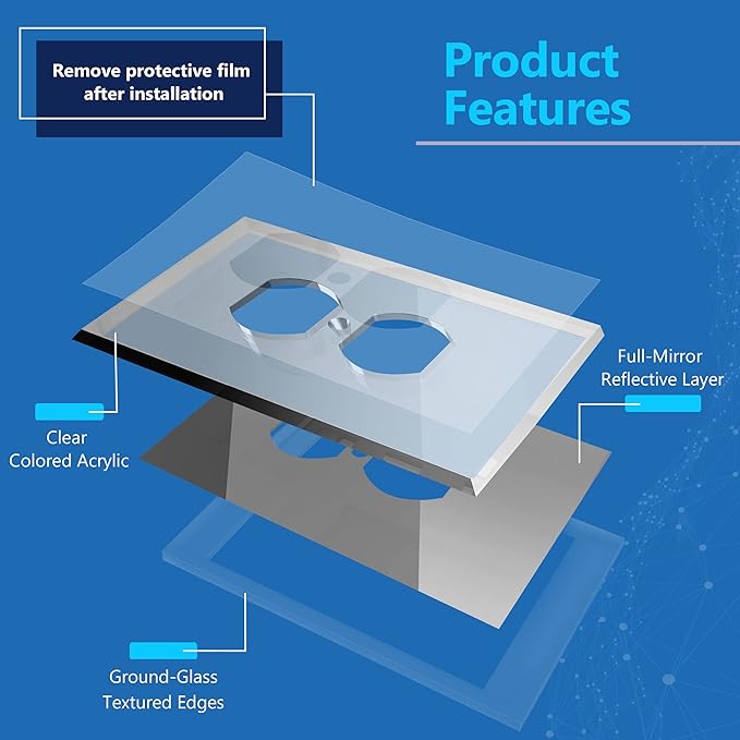 LIDER Duplex Receptacle Wall Plate, Mirrored Outlet Cover for Duplex Outlet, Plexiglass Outlet Cover, Reflective Finish, Acrylic Glass, Modern Decoration, Oversized 1-Gang 5.25" x 3.44", Silver